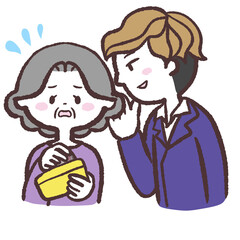 誘惑されてお金を払おうとするシニア女性のイラスト