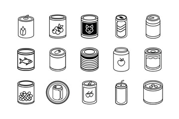 Set of Canned Food Icons on White Background – Vector Illustration for Food Packaging and Storage Concepts