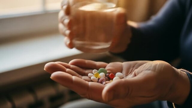 Senior Woman Taking Medication with Water, Close-Up on Pills and Hands, Healthcare Concept