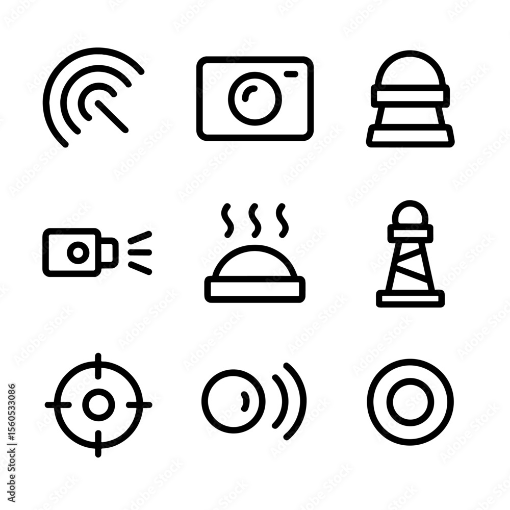 Poster rendezvous sensor icons. outline icon set of rendezvous sensors: radar sensor, optical camera, lidar