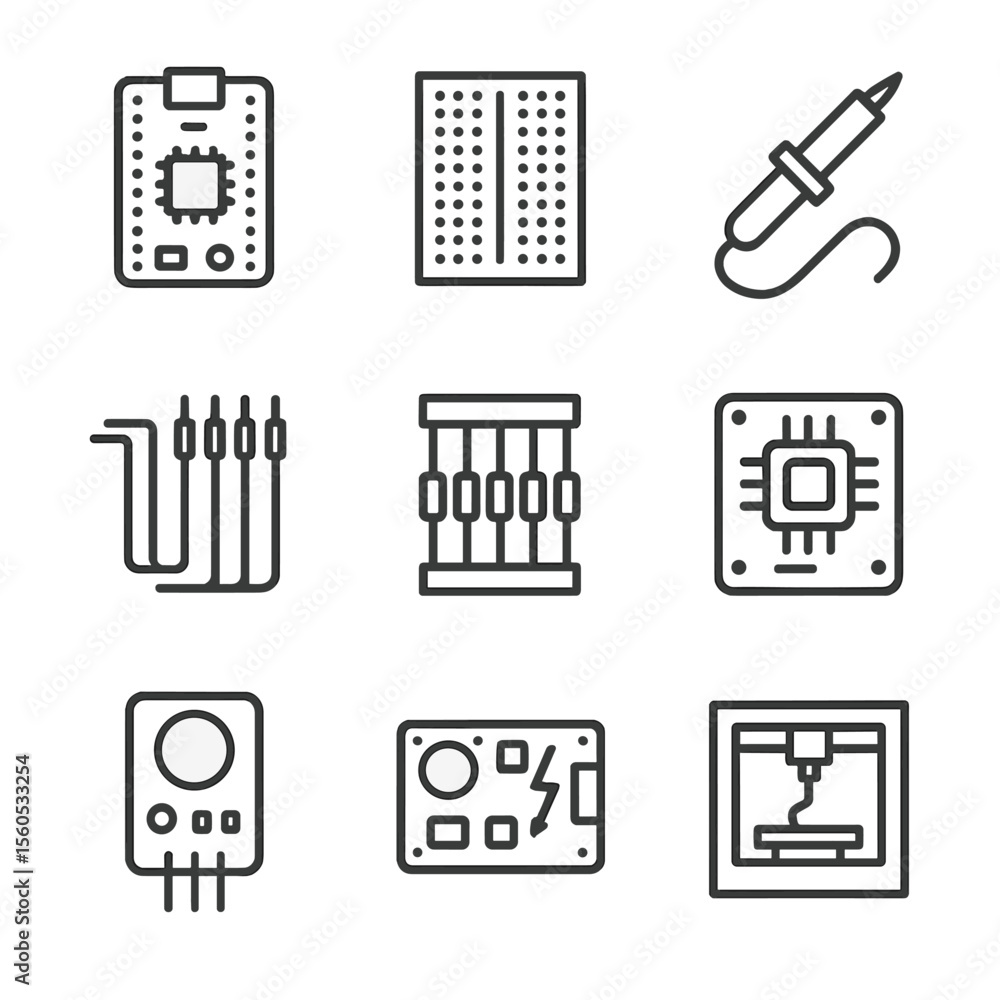 Aufkleber diy electronics icon set. outline icon set of diy electronics components: microcontroller board, bre