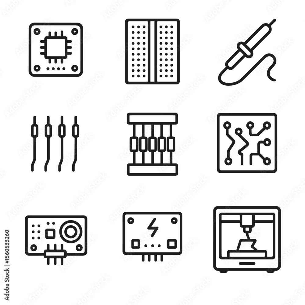 Poster diy electronics icon set. outline icon set of diy electronics components: microcontroller board, bre