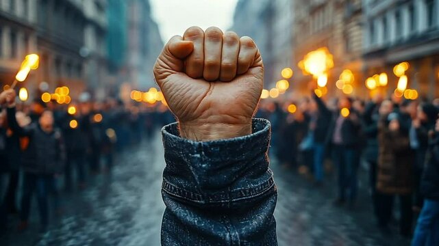 A raised fist amidst a crowd holding lit torches in a city street at night