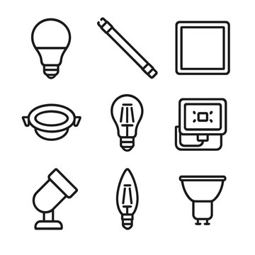 LED Lighting Icons. Outline icon set of LED lighting fixtures: A19 LED bulb, T8 LED tube, flat panel light, recessed downlight,