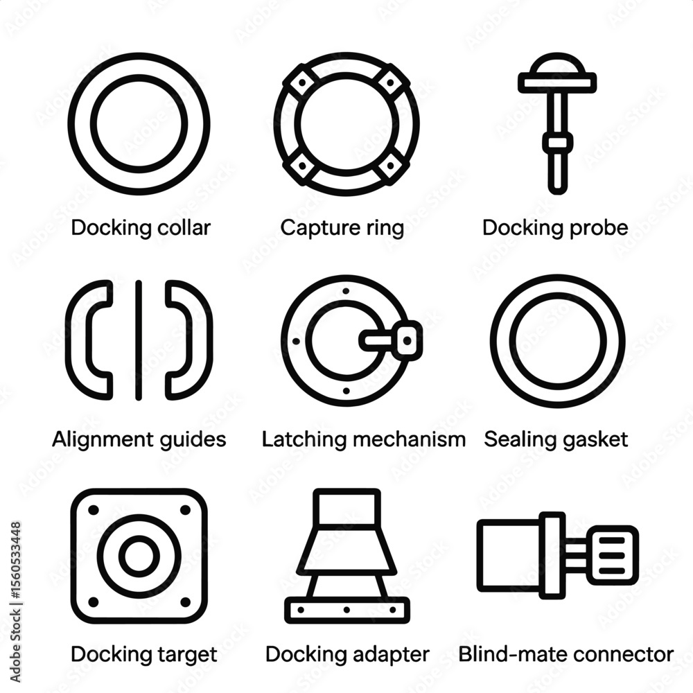 Poster docking mechanism icons. outline icon set of docking mechanisms: docking collar, capture ring, docki