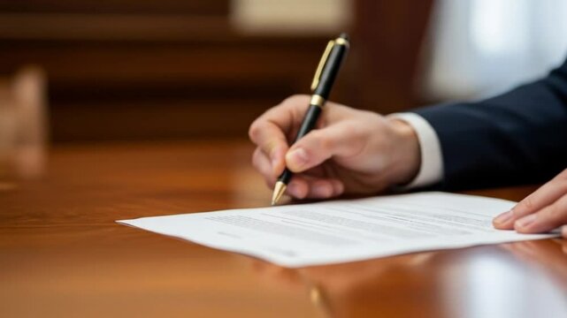 Signing a Contract: Close-up of Hand with Pen on Paper, Formal Agreement, Business Transaction