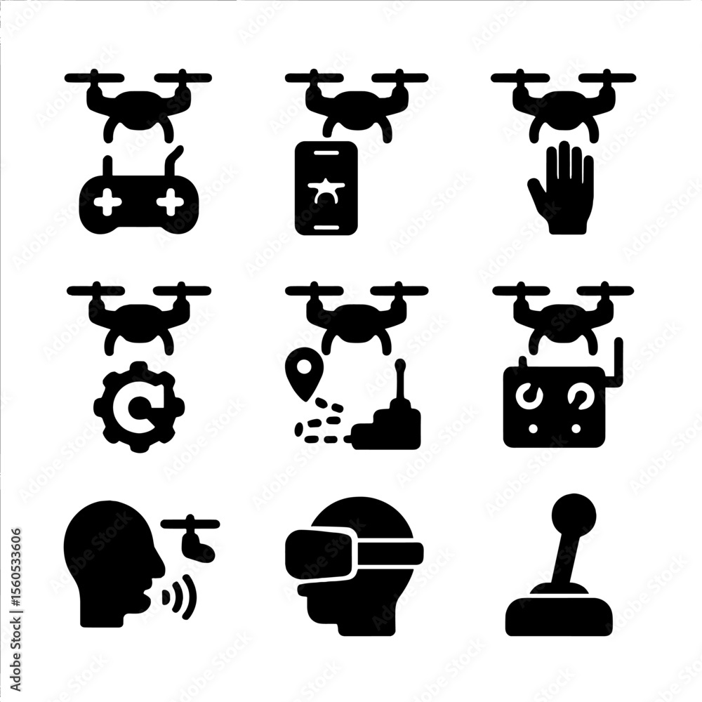 Poster drone control icons. solid, filled icon set of drone control methods: remote controller, smartphone 