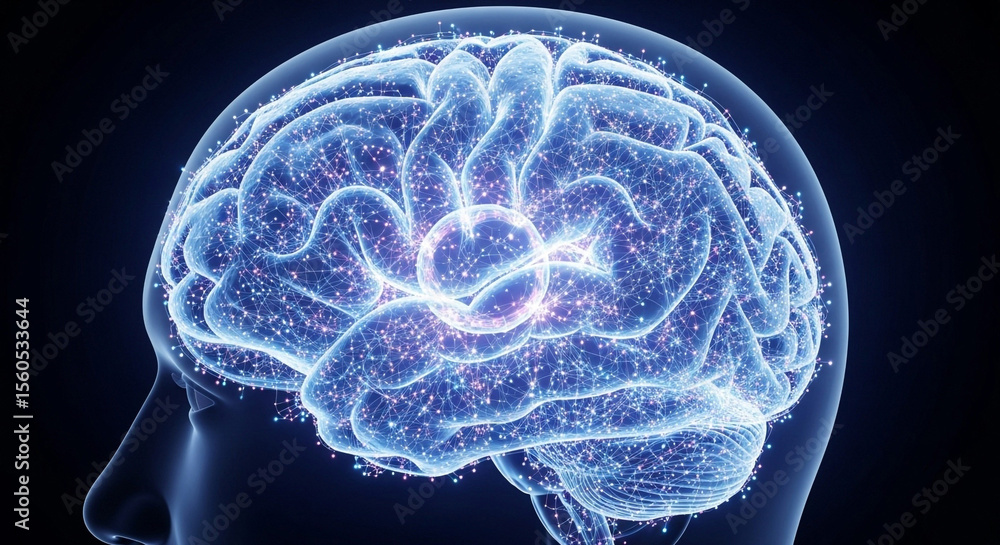 Poster human head profile with a glowing brain showing neural networks and connections on a dark background