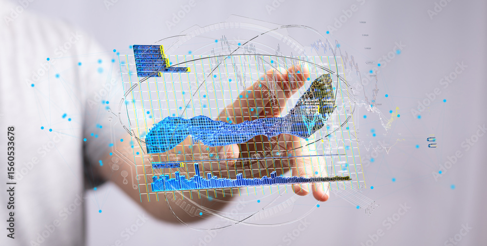 Poster hand interacts with a holographic 3d graph showing business analytics and growth data. perfect for t