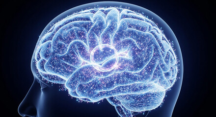 Human head profile with a glowing brain showing neural networks and connections on a dark background