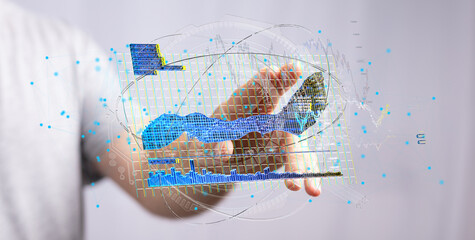 Hand interacts with a holographic 3D graph showing business analytics and growth data. Perfect for...