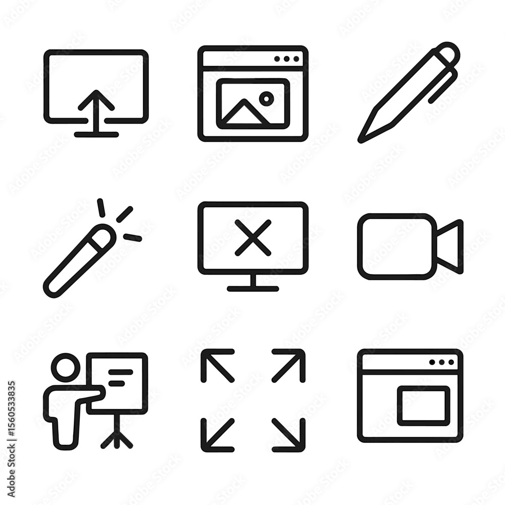 Poster screen sharing icons. outline icon set of screen sharing and presentation controls: share screen but