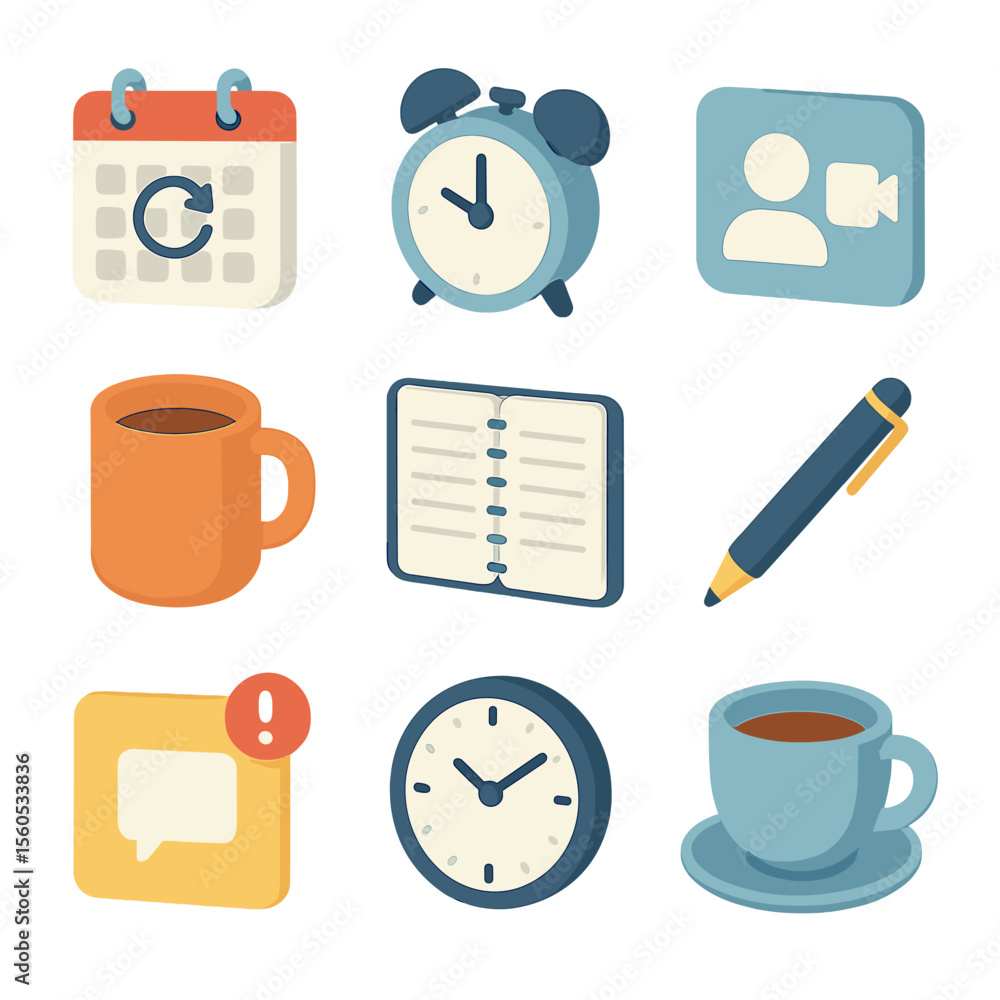 Poster scheduled catch-up icons. isometric flat icon set of scheduled catch-up routines: calendar with recu
