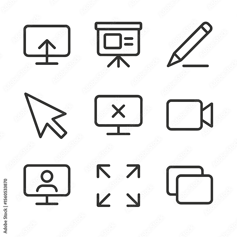 Poster screen sharing icons. outline icon set of screen sharing and presentation controls: share screen but