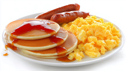 Pancakes with maple syrup, sausages and scrambled eggs for breakfast