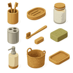 Eco Bathroom Accessories. Isometric Flat icon set of eco-friendly bathroom accessories: bamboo toothbrush holder, wooden soap dish
