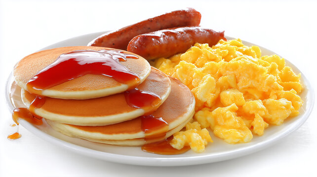 Pancakes with maple syrup, sausages and scrambled eggs for breakfast