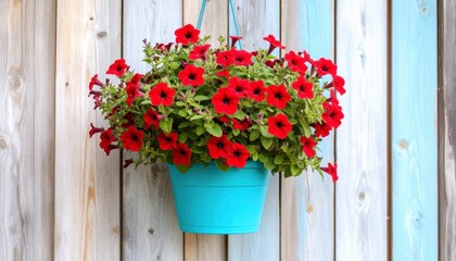 Fototapeta premium Deep red ampelous mini petunia flowers in turquoise blue pot against wooden wall background.
