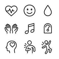 Fototapeta premium Icons of Music Emotions. Outline icon set of emotional effects of music: heart pulse, smiling face, tear drop, raised hands,