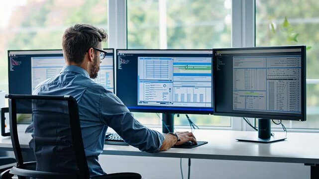 Multiple monitors displaying automated testing tools used by QA engineer, with copyspace