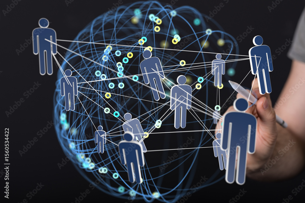 Poster Visual representation of a global network, showing interconnected people and data points.
