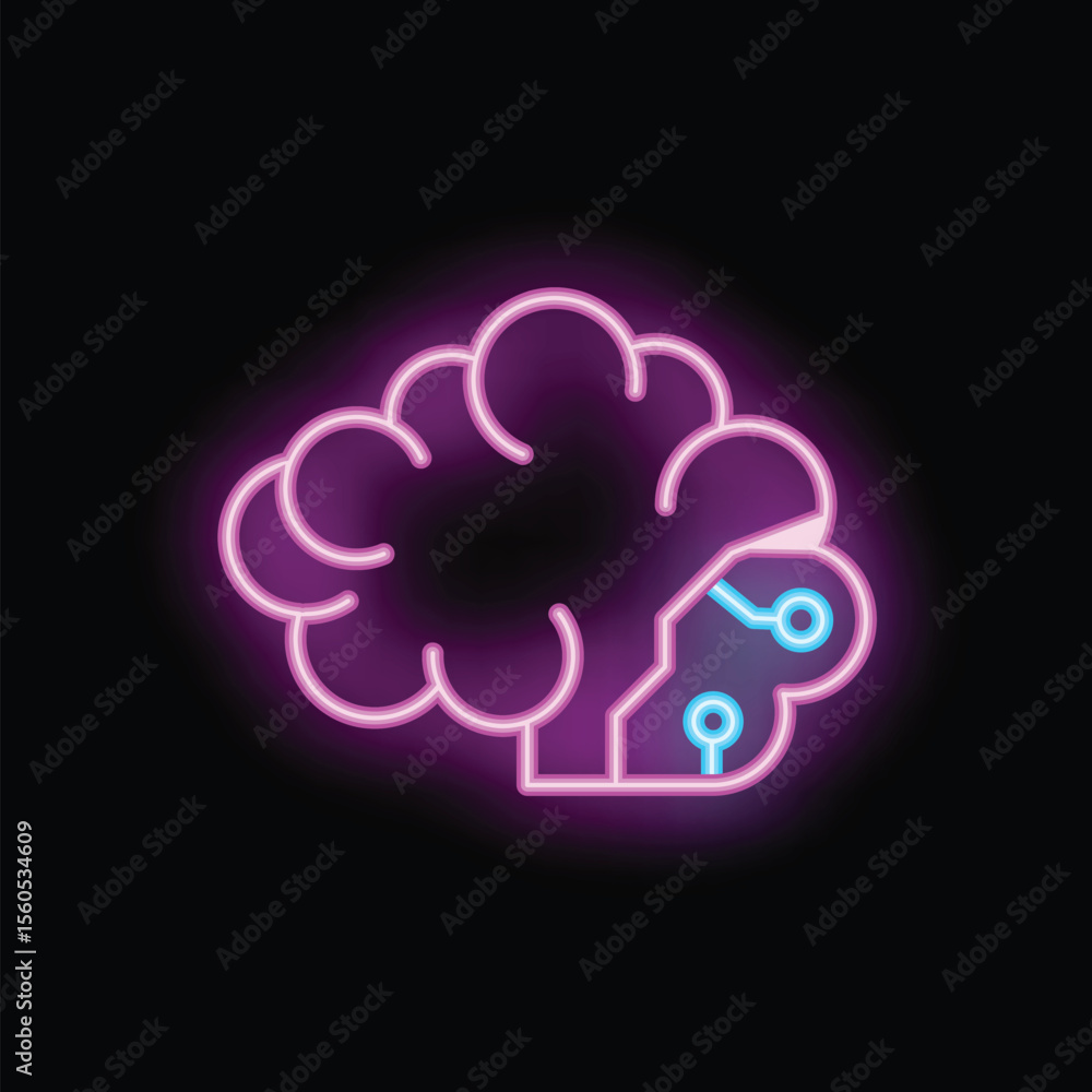 Poster glowing neon illustration of a human brain with a circuit board replacing a part of it