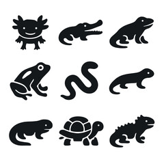 Obraz premium Endangered Reptile Icons. Solid, filled icon set of endangered reptiles and amphibians: axolotl, gharial, Komodo dragon, poison