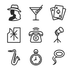 Noir Intrigue Icons. Outline icon set of classic noir intrigue symbols: femme fatale silhouette, martini glass, playing cards,