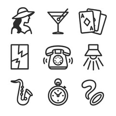 Noir Icon Set. Outline icon set of classic noir intrigue symbols: femme fatale silhouette, martini glass, playing cards, broken