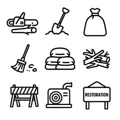 Obraz na płótnie Canvas Storm Cleanup Icons. Outline icon set of post-storm cleanup: chainsaw cutting branch, shovel digging, garbage bag, broom sweeping