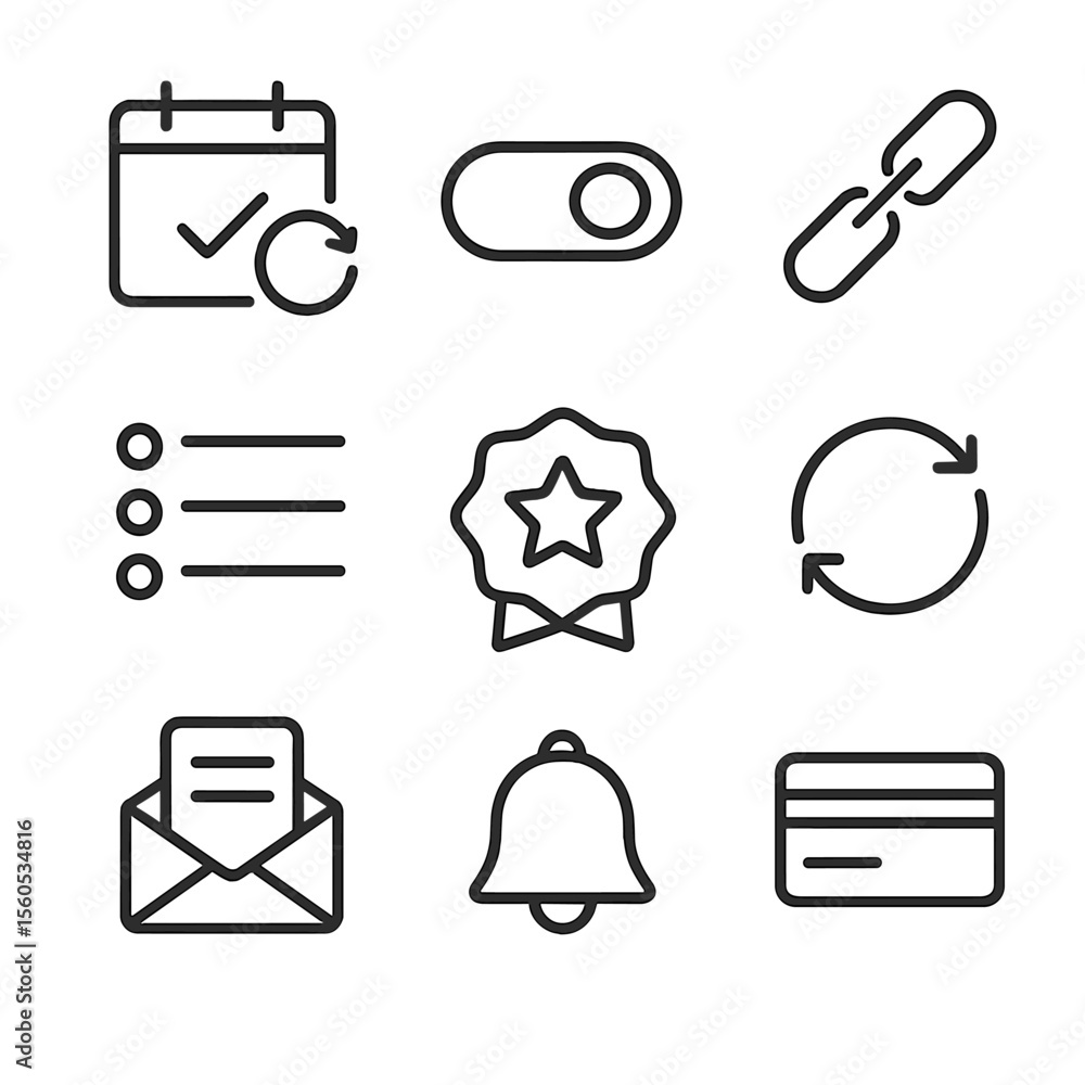 Poster subscription icons grid. outline icon set of subscription payment management: calendar with renewal 