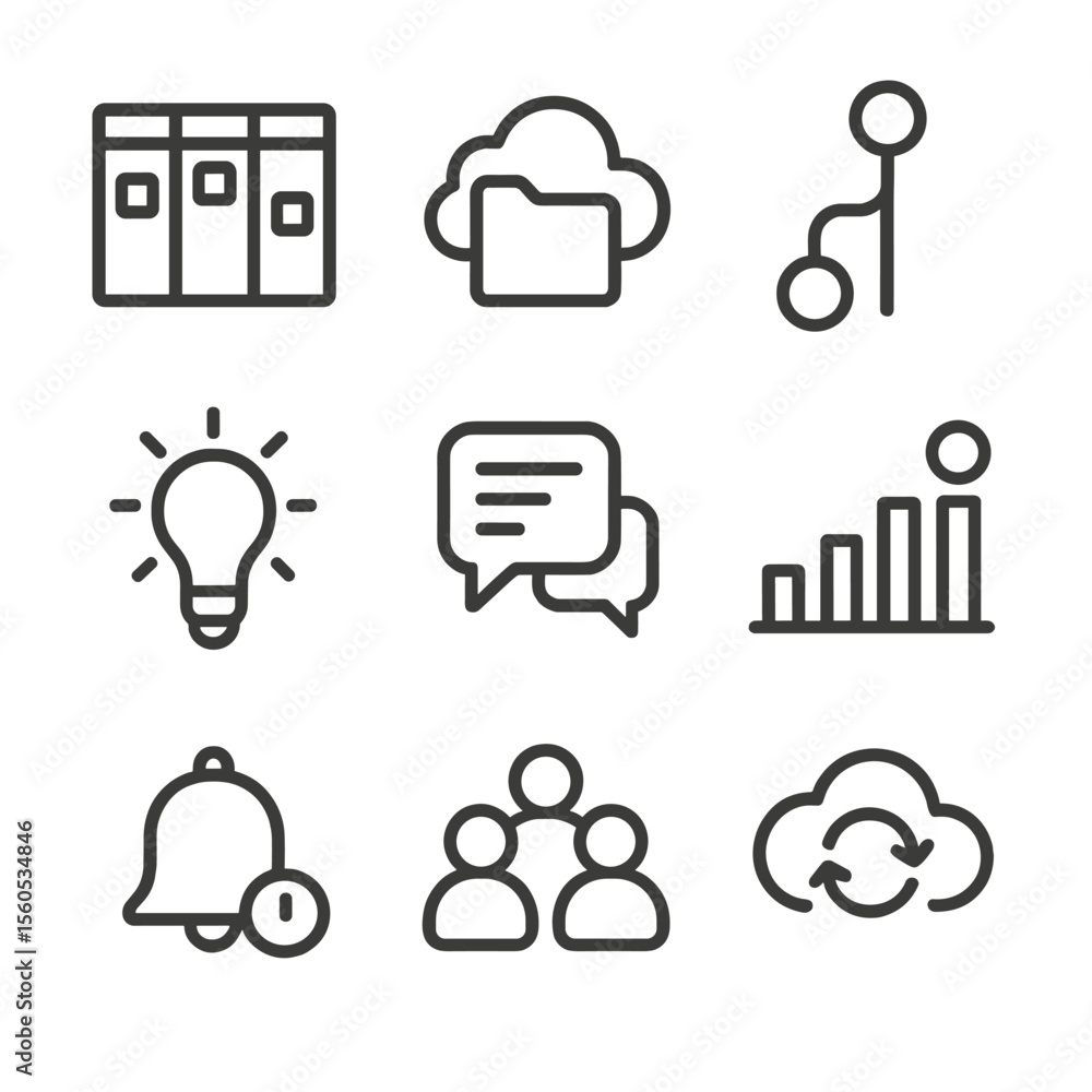 Aufkleber online project icon set. outline icon set of online group project management: task board, shared clo
