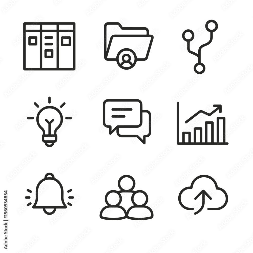 Poster online project management icons. outline icon set of online group project management: task board, sh