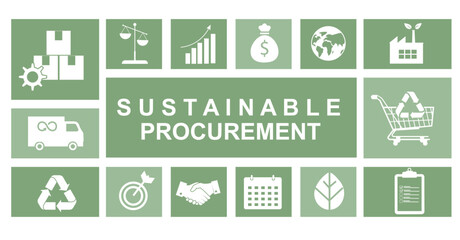 Sustainable Procurement Icon Grid Green Background. sustainable procurement infographic with white icons on green tiles representing ESG business strategy. Ethical Sourcing. Vector illustration