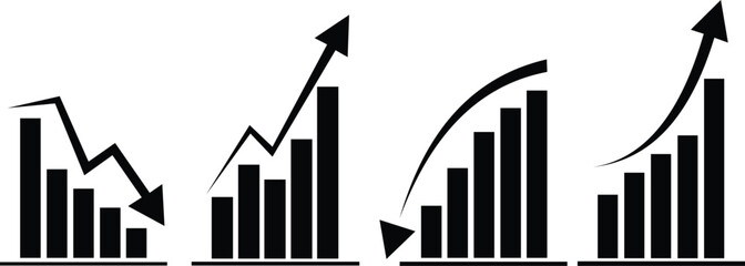 A business chart featuring an arrow and a set of growing graph icons. This simple symbol represents increases and decreases in charts, illustrated as a vector on a transparent background.

