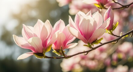 Fototapeta premium Beautiful Pink Magnolia Blossoms on a Branch Bathed in Sunlight