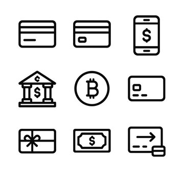 Online Payment Icons. Outline icon set of online payment methods: credit card, debit card, mobile wallet, bank transfer,