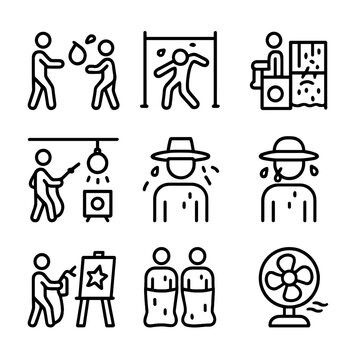 Summer Water Challenges Icons. Outline icon set of outdoor summer water challenges: water balloon toss, water limbo, dunk tank,