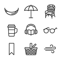 Outdoor Reading Icons. Outline icon set of outdoor reading retreat: hammock, sunshade umbrella, wicker chair, travel mug,