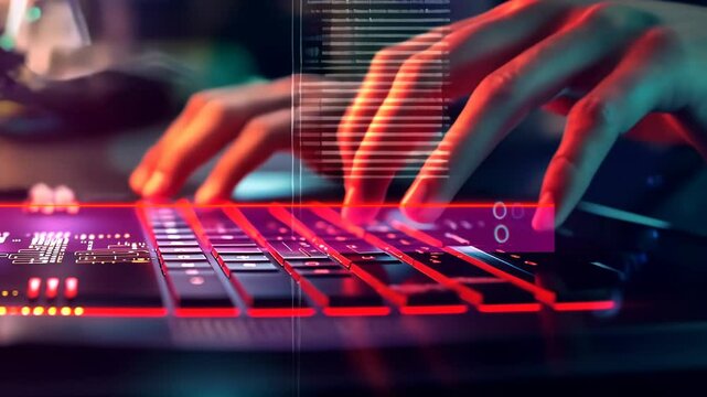 Floating keyboard with digital elements, abstract depiction of QA engineer's hand typing, with copyspace available