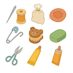 Teddy Bear Repair Icons. Isometric Flat icon set of teddy bear repair and care: sewing needle, thread spool, stuffing bag, fabric