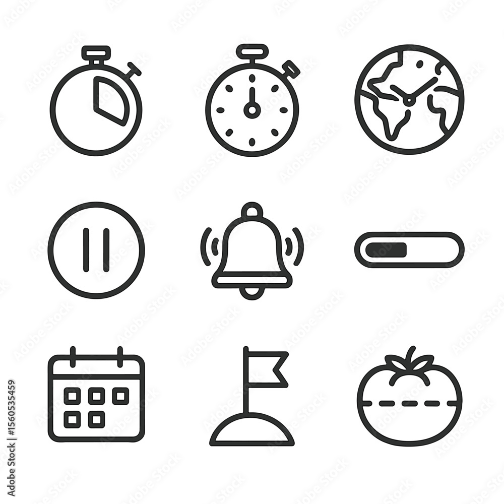 Poster time management icons. outline icon set of time management tools: countdown timer, stopwatch, time z