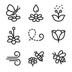 Pollination Icon Set. Outline icon set of pollination interaction: butterfly landing, nectar drop, pollen dust, stigma contact,