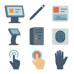 Touchscreen Kiosk Icon Set. Isometric Flat icon set of interactive touchscreen kiosks: touchscreen panel, stylus, UI element icons