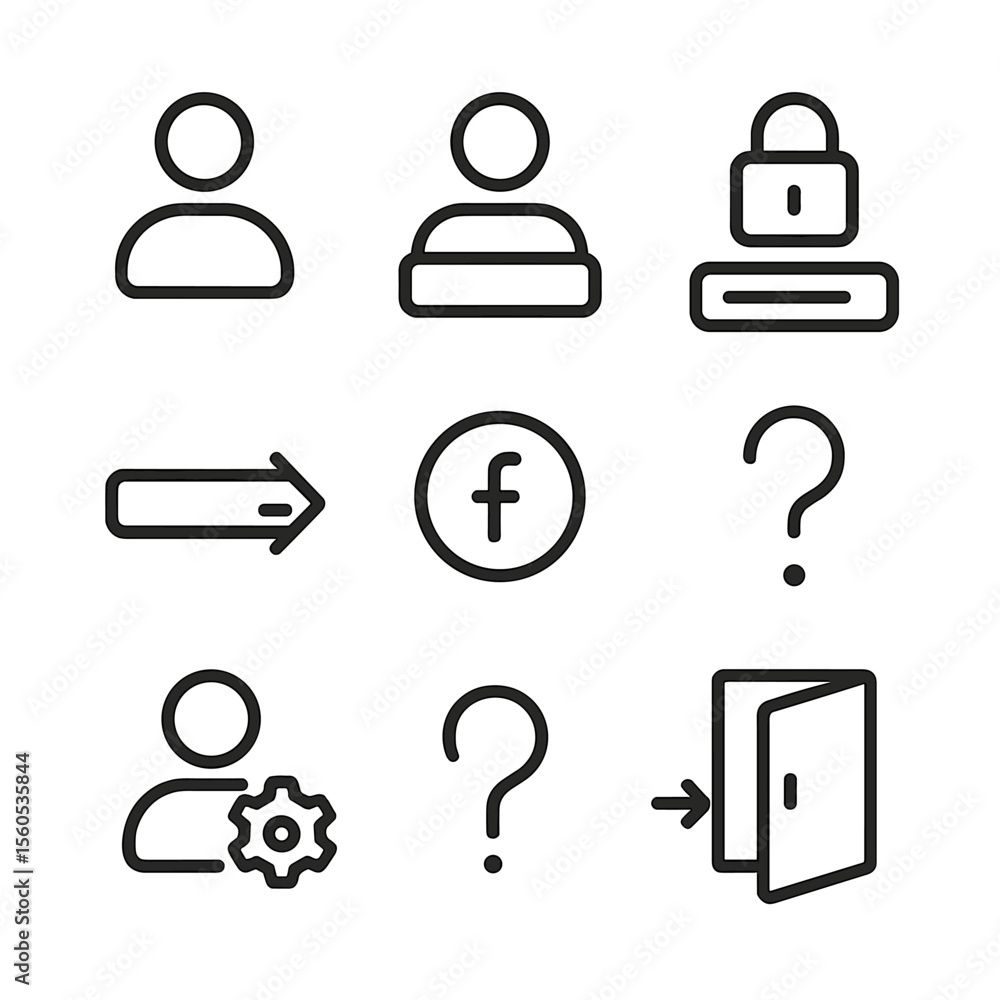 Poster user login icons. outline icon set of user profile and login: user avatar, username input, password 