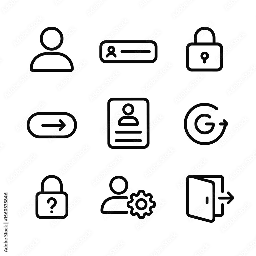 Poster user login icons. outline icon set of user profile and login: user avatar, username input, password 