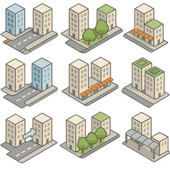 Urban Design Icon Set. Isometric Flat icon set of urban canyon design strategies: widened street section, narrow building spacing,