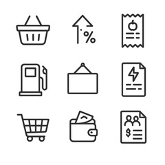 Rising Costs Icon Set. Outline icon set of rising consumer prices: shopping basket, percentage arrow up, grocery receipt, gas pump