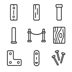 Rustic Boardwalk Icons. Outline icon set of rustic boardwalk elements: wooden slat, walkway plank, support beam, rail post, rope