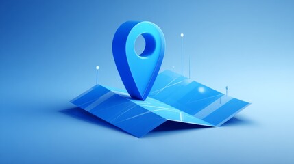 Blue location pin 3d render icon in cartoon plastic style minimal isolated blue background, clipping path, 32k resolution